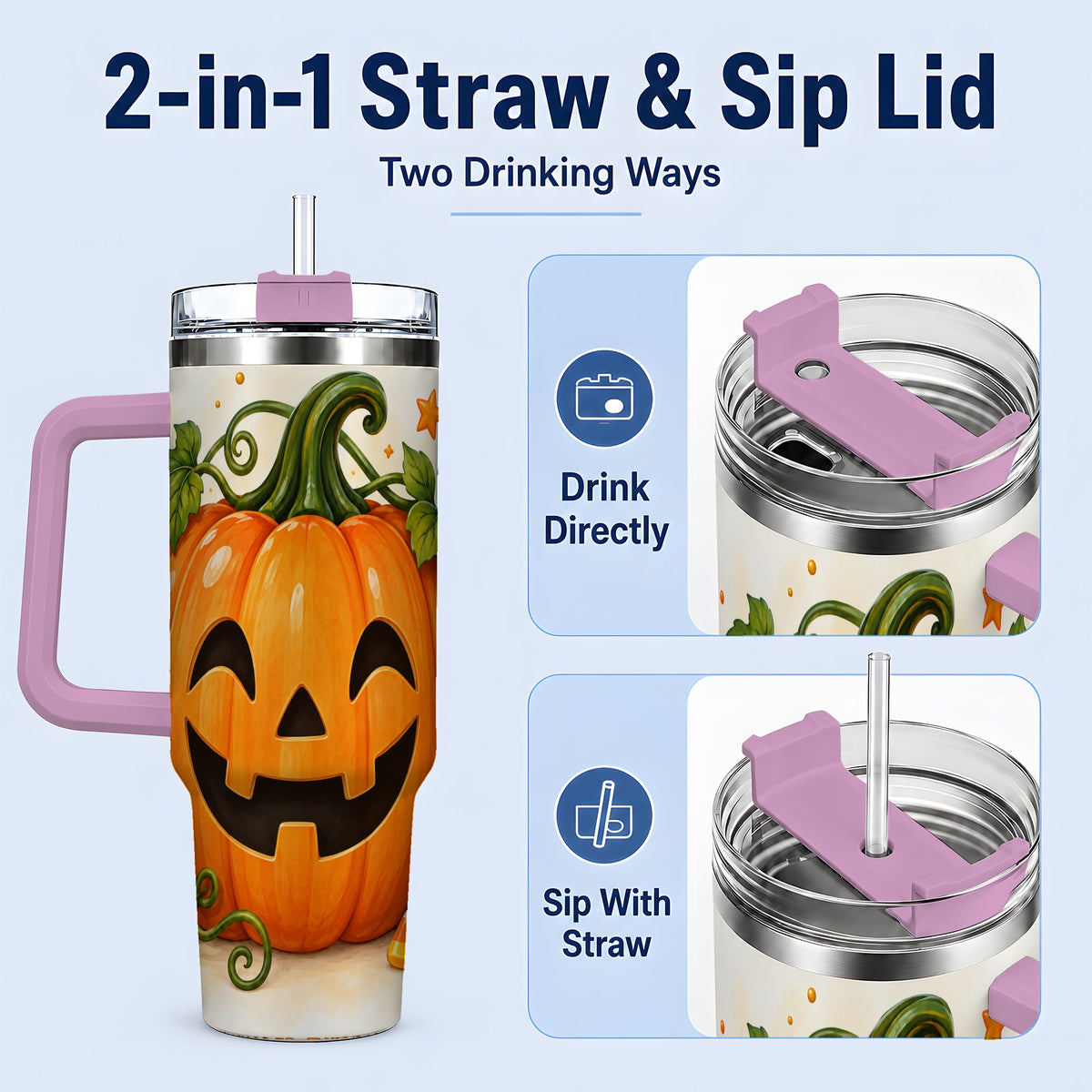 #pl[40oz|Pink] Jack O Lantern 40oz Tumbler, Pumpkin Vine Candy Corn Halloween Art