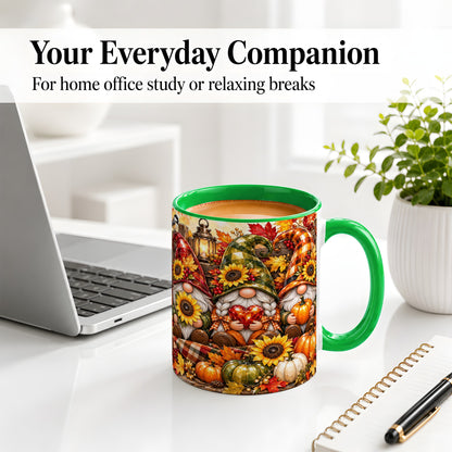 #pl[11oz|Green] Autumn Gnome Ceramic Mug, Pumpkin Sunflower Art for Gnome Lovers