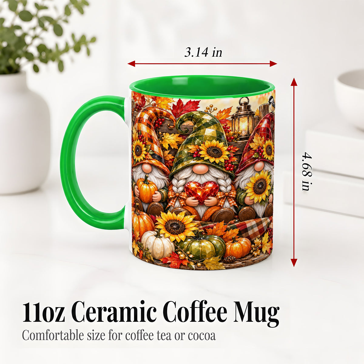 #pl[11oz|Green] Autumn Gnome Ceramic Mug, Pumpkin Sunflower Art for Gnome Lovers