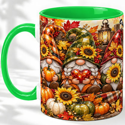 #pl[11oz|Green] Autumn Gnome Ceramic Mug, Pumpkin Sunflower Art for Gnome Lovers