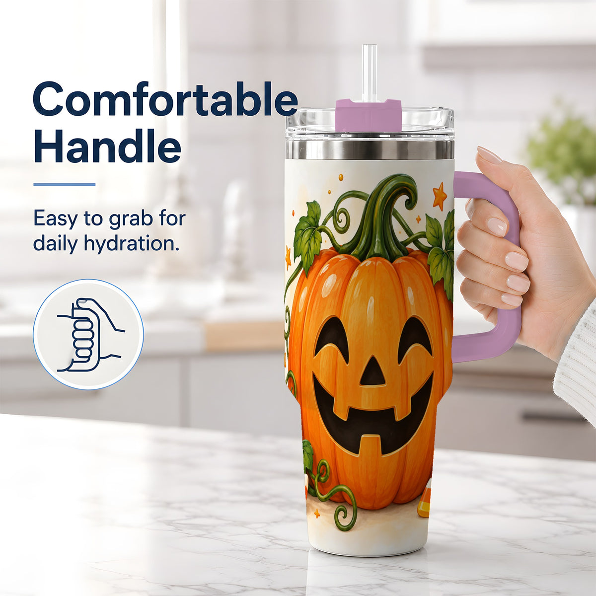 #pl[40oz|Pink] Jack O Lantern 40oz Tumbler, Pumpkin Vine Candy Corn Halloween Art