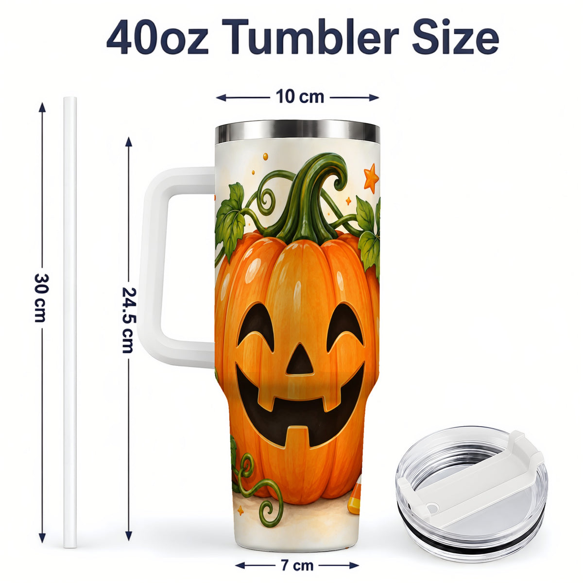 #pl[40oz|White] Jack O Lantern 40oz Tumbler, Pumpkin Vine Candy Corn Halloween Art