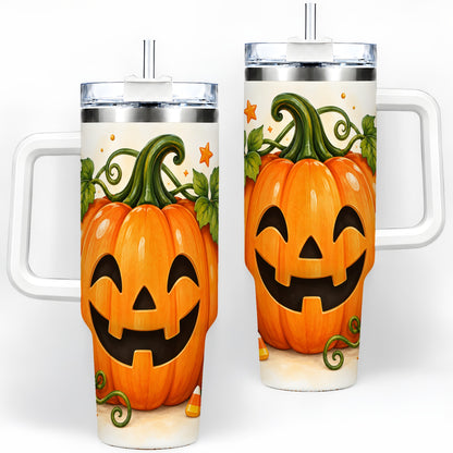 Jack O Lantern 40oz Tumbler, Pumpkin Vine Candy Corn Halloween Art
