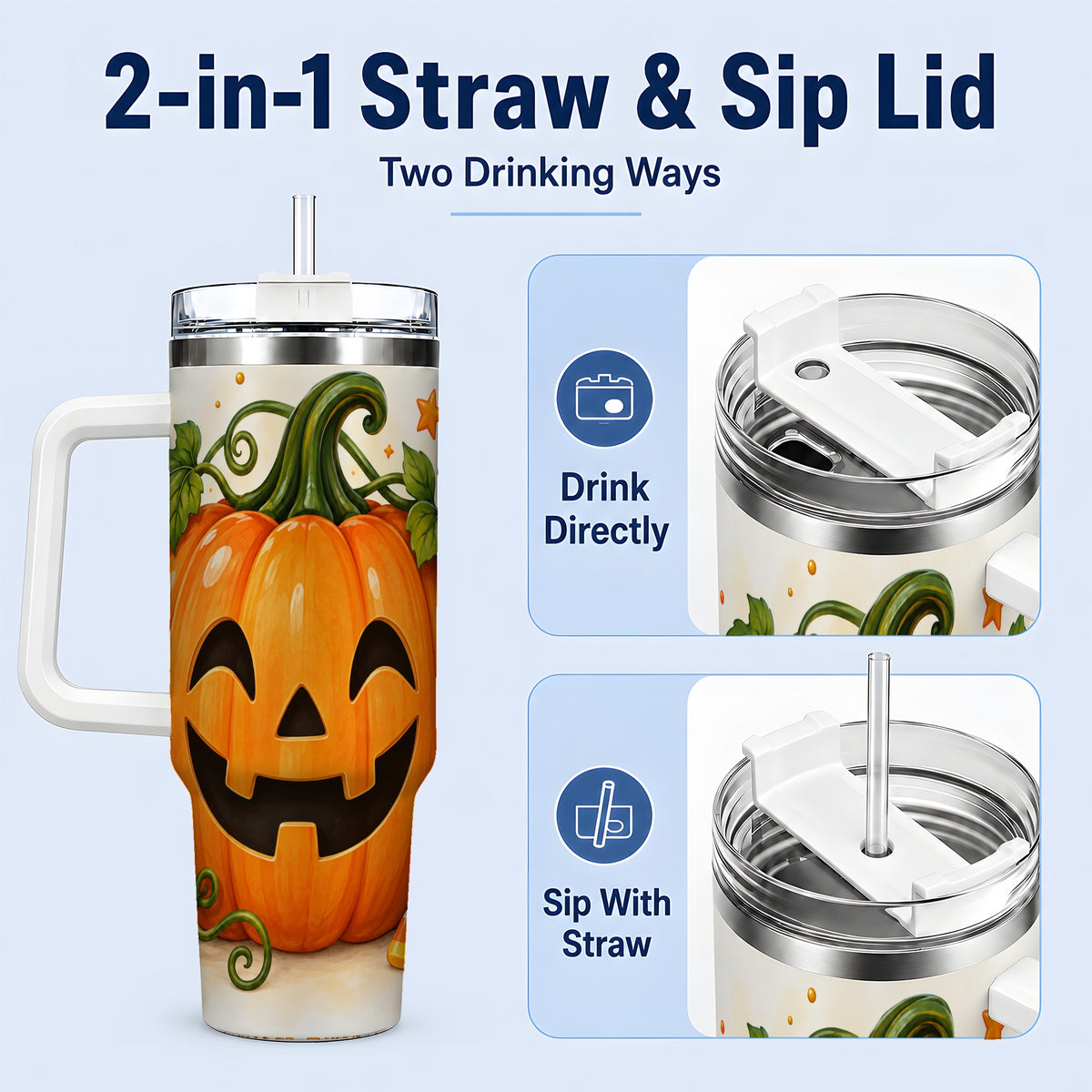 #pl[40oz|White] Jack O Lantern 40oz Tumbler, Pumpkin Vine Candy Corn Halloween Art