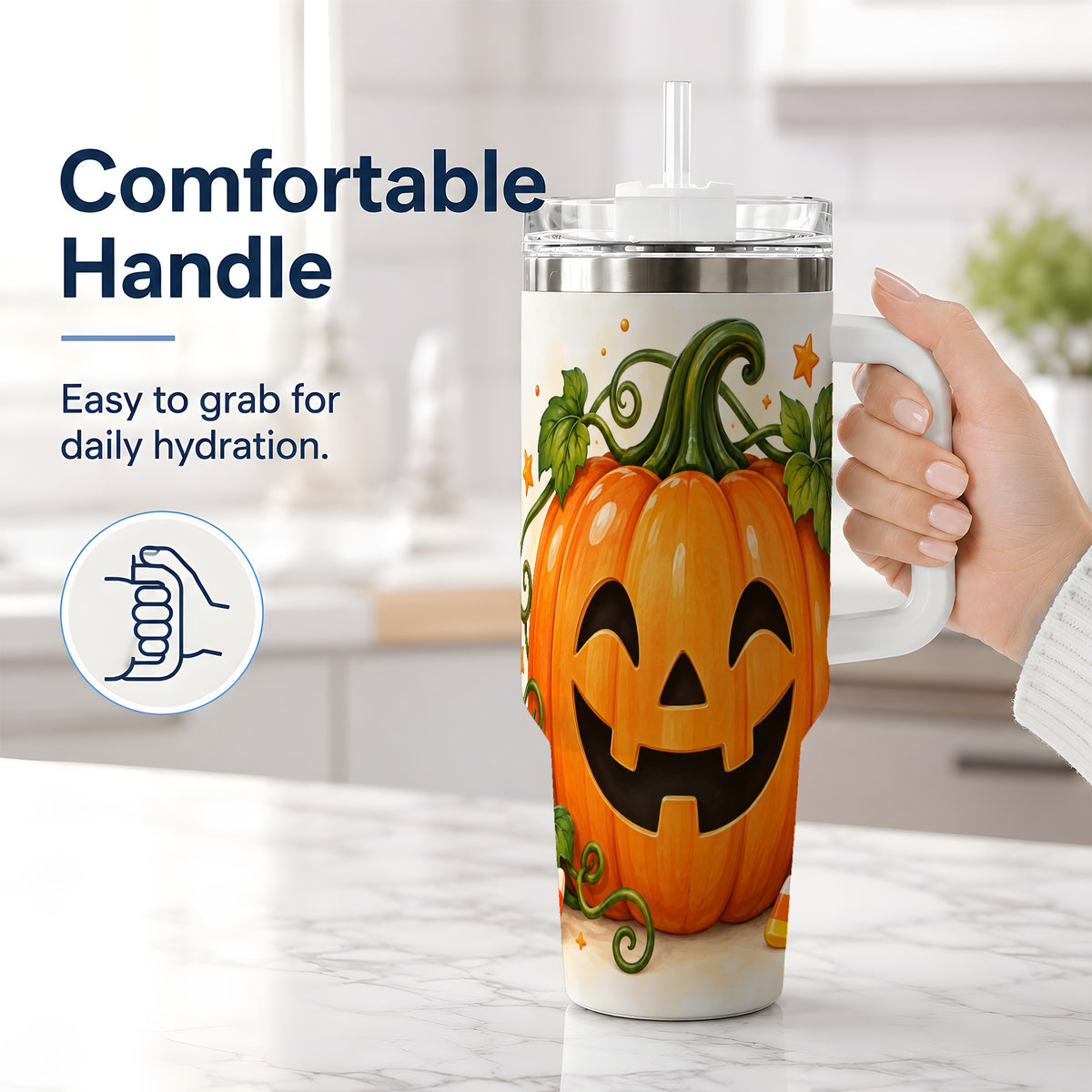 #pl[40oz|White] Jack O Lantern 40oz Tumbler, Pumpkin Vine Candy Corn Halloween Art