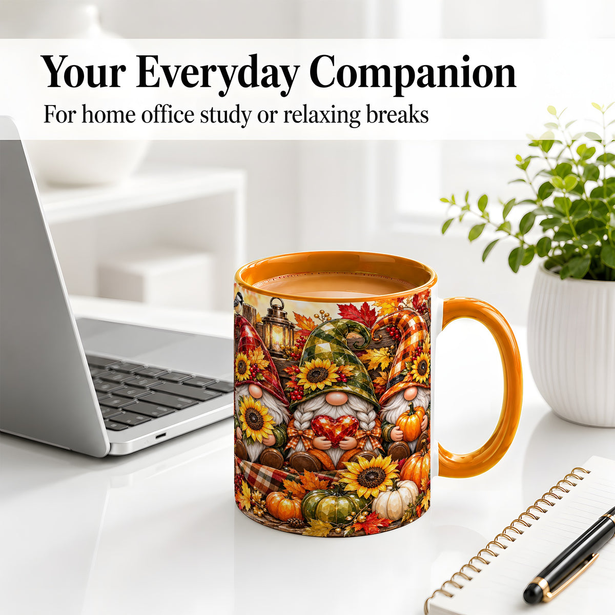 #pl[11oz|Orange] Autumn Gnome Ceramic Mug, Pumpkin Sunflower Art for Gnome Lovers