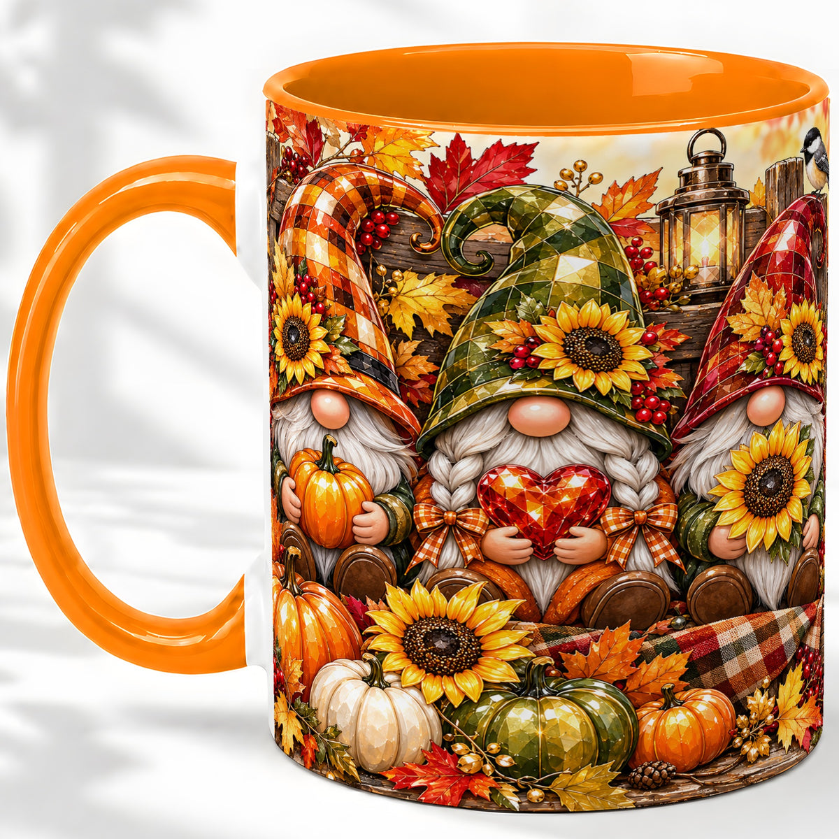 #pl[11oz|Orange] Autumn Gnome Ceramic Mug, Pumpkin Sunflower Art for Gnome Lovers