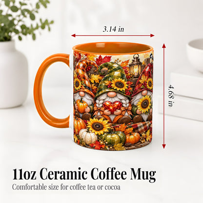 #pl[11oz|Orange] Autumn Gnome Ceramic Mug, Pumpkin Sunflower Art for Gnome Lovers