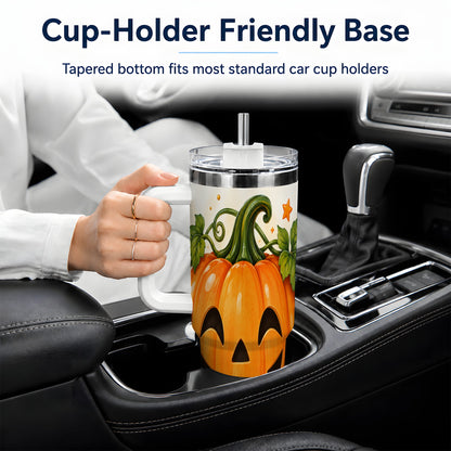 #pl[40oz|White] Jack O Lantern 40oz Tumbler, Pumpkin Vine Candy Corn Halloween Art