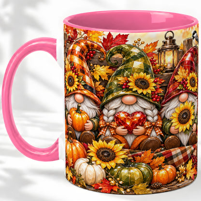 #pl[11oz|Pink] Autumn Gnome Ceramic Mug, Pumpkin Sunflower Art for Gnome Lovers