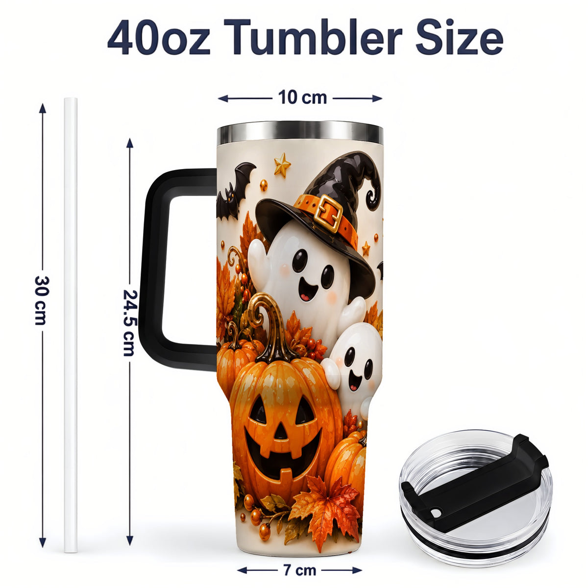 #pl[40oz|Black] Halloween Ghosts 40oz Tumbler, Pumpkin Witch Hat Autumn Leaf Artwork