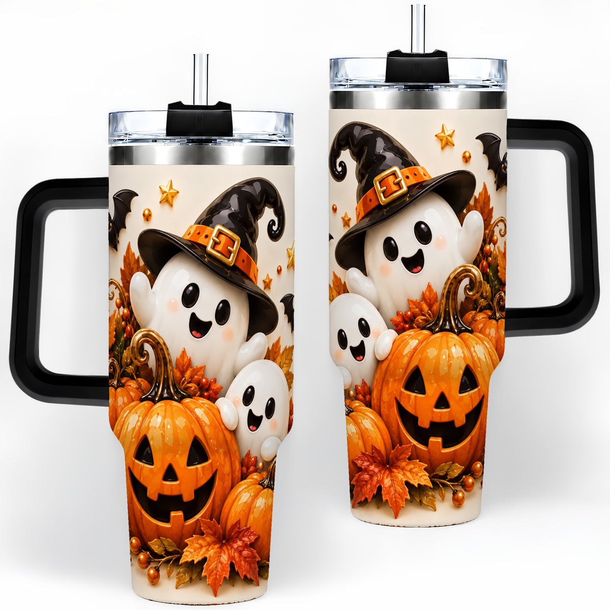 #pl[40oz|Black] Halloween Ghosts 40oz Tumbler, Pumpkin Witch Hat Autumn Leaf Artwork
