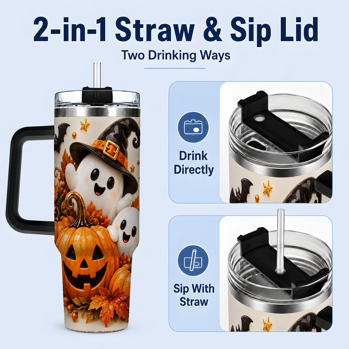 #pl[40oz|Black] Halloween Ghosts 40oz Tumbler, Pumpkin Witch Hat Autumn Leaf Artwork