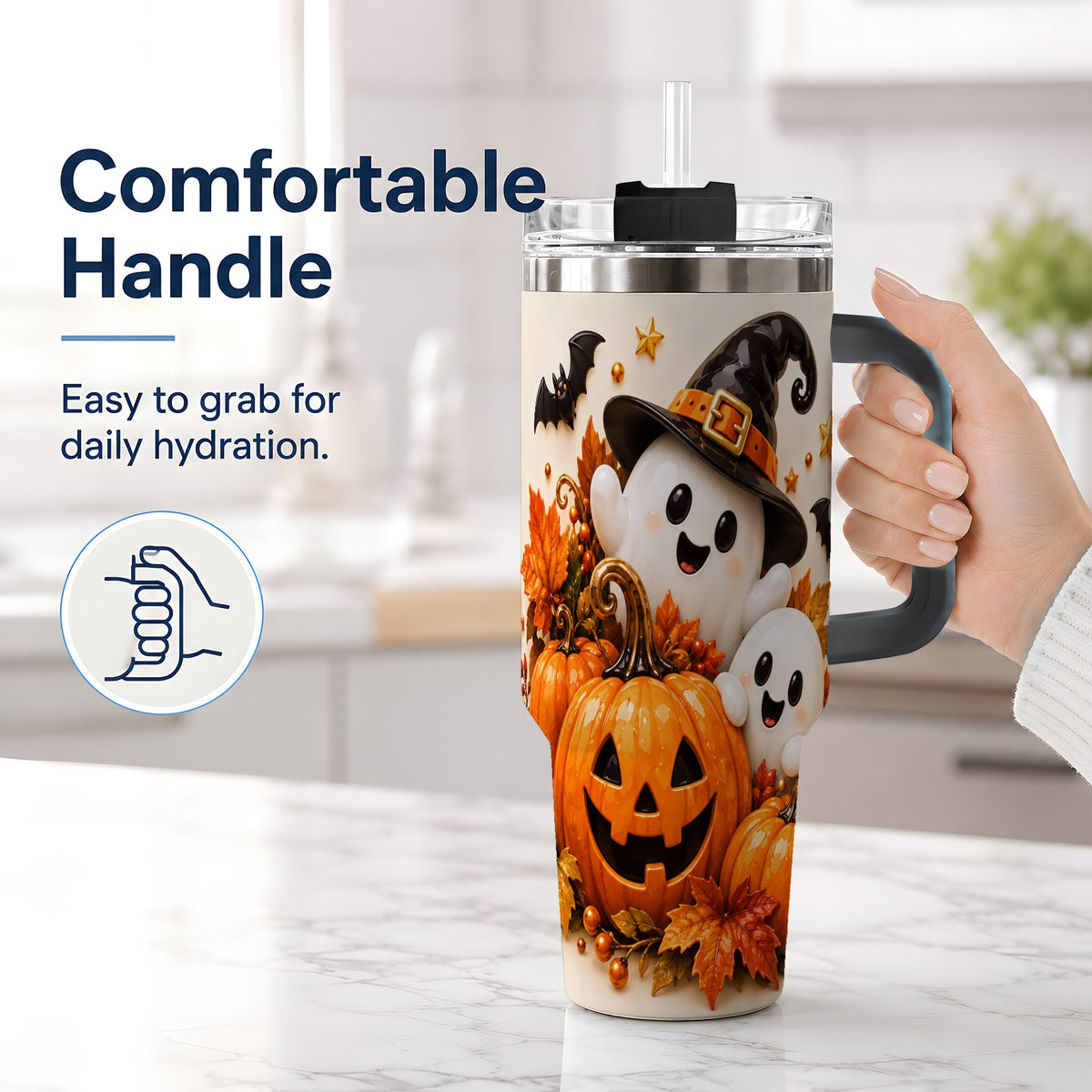 #pl[40oz|Black] Halloween Ghosts 40oz Tumbler, Pumpkin Witch Hat Autumn Leaf Artwork