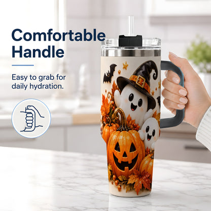 #pl[40oz|Black] Halloween Ghosts 40oz Tumbler, Pumpkin Witch Hat Autumn Leaf Artwork