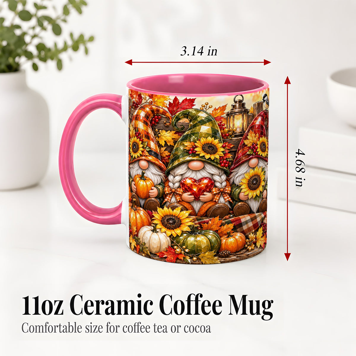 #pl[11oz|Pink] Autumn Gnome Ceramic Mug, Pumpkin Sunflower Art for Gnome Lovers