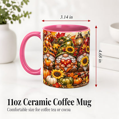 #pl[11oz|Pink] Autumn Gnome Ceramic Mug, Pumpkin Sunflower Art for Gnome Lovers