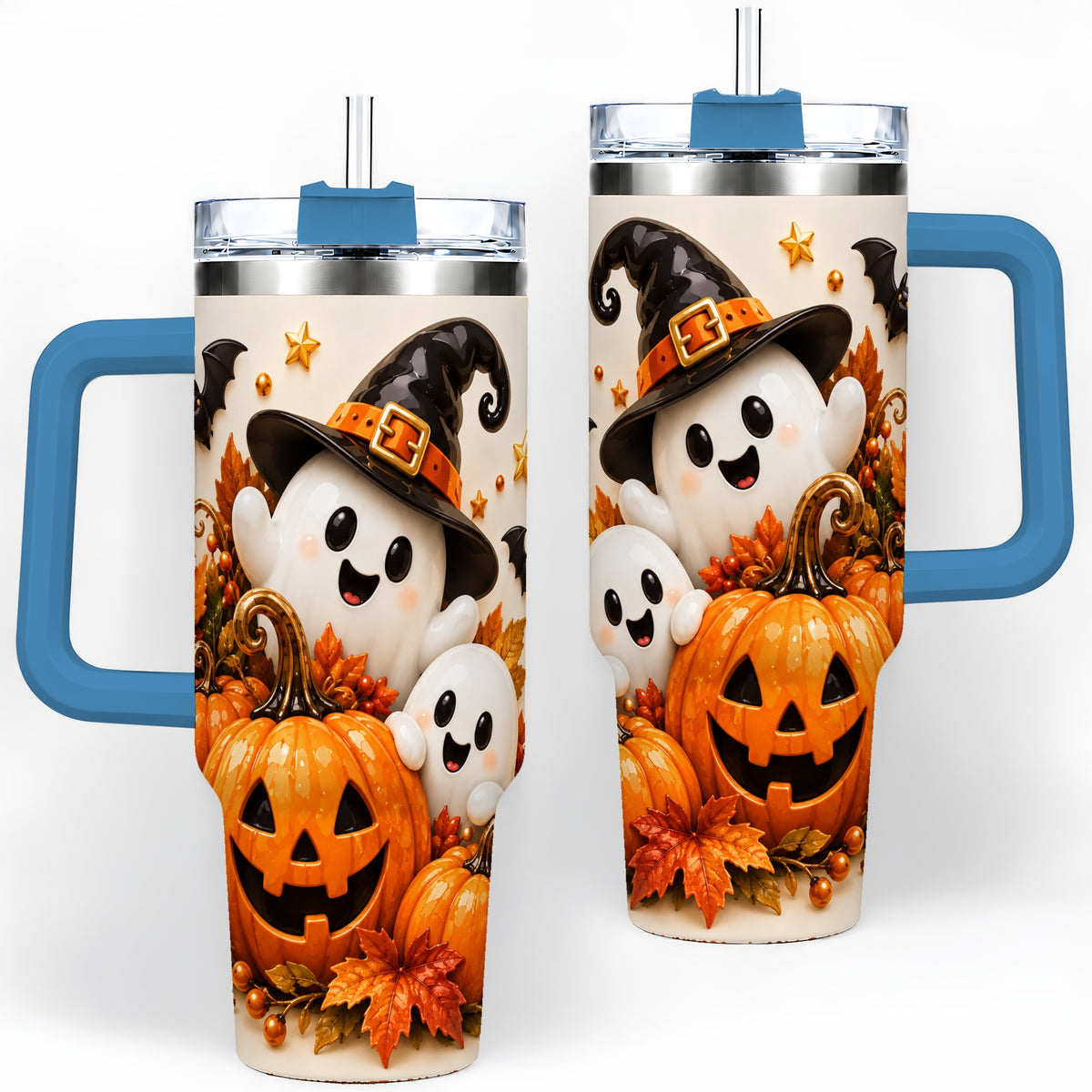 #pl[40oz|Blue] Halloween Ghosts 40oz Tumbler, Pumpkin Witch Hat Autumn Leaf Artwork