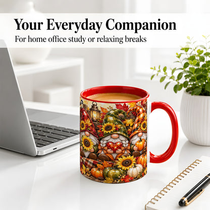 #pl[11oz|Red] Autumn Gnome Ceramic Mug, Pumpkin Sunflower Art for Gnome Lovers