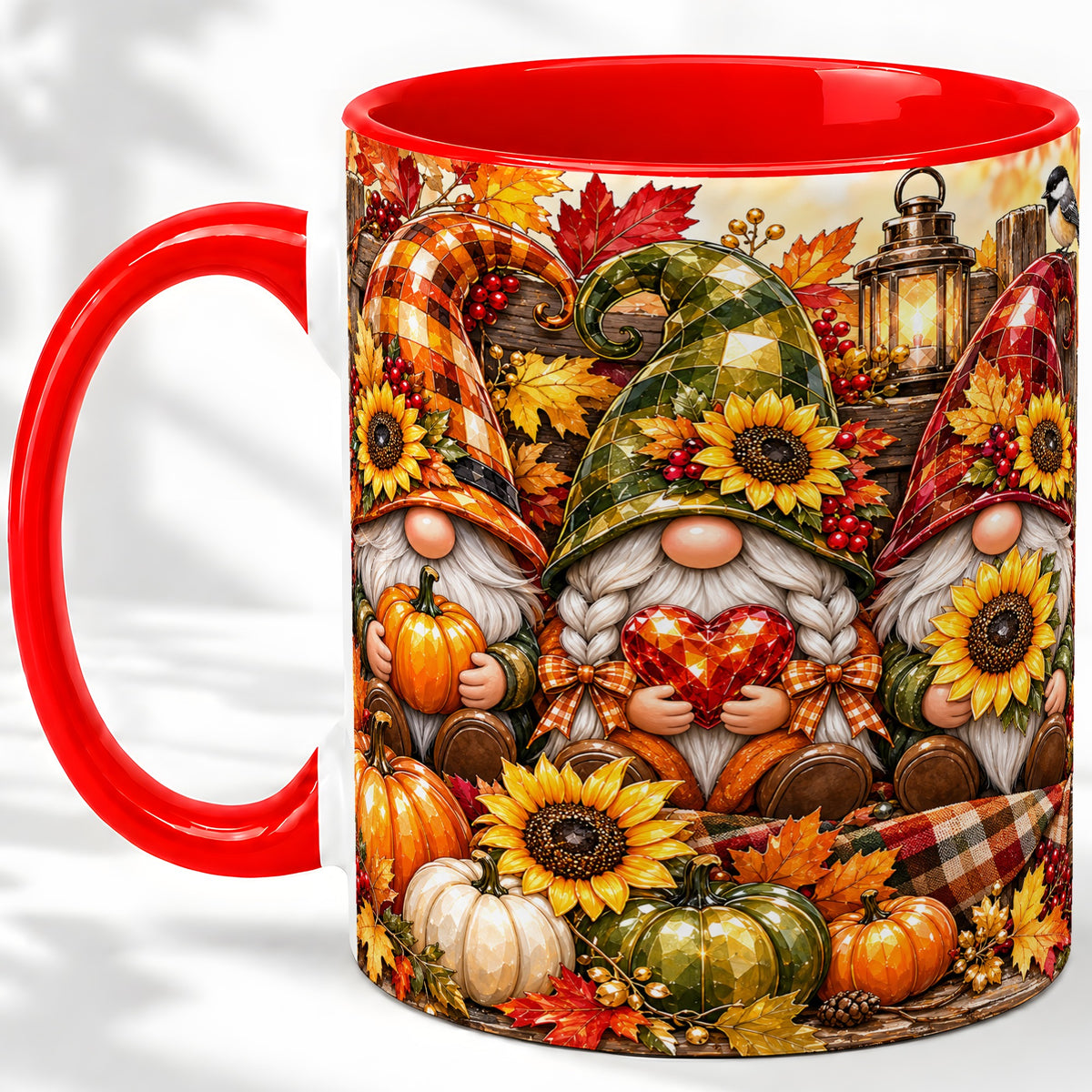 Autumn Gnome Ceramic Mug, Pumpkin Sunflower Art for Gnome Lovers