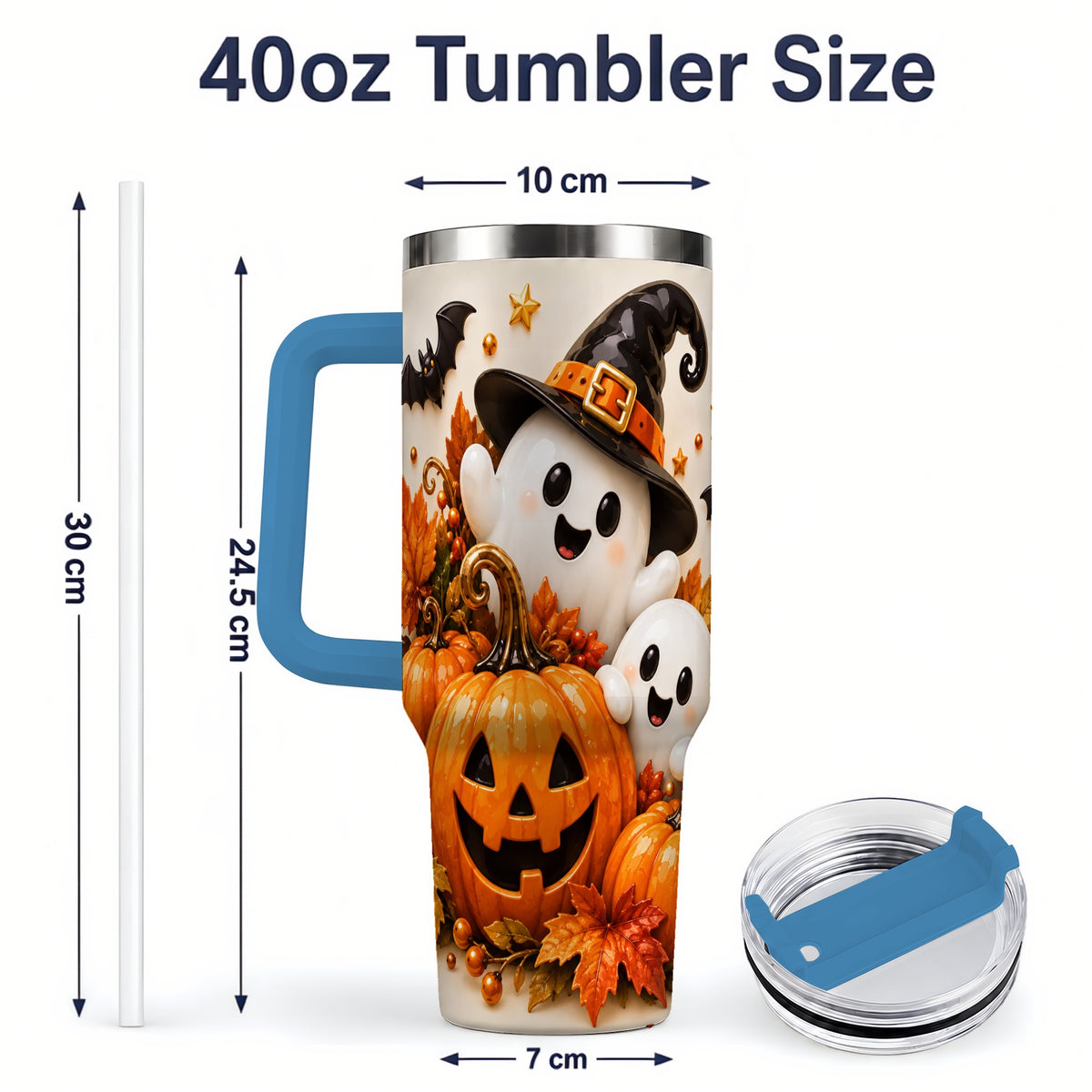 #pl[40oz|Blue] Halloween Ghosts 40oz Tumbler, Pumpkin Witch Hat Autumn Leaf Artwork