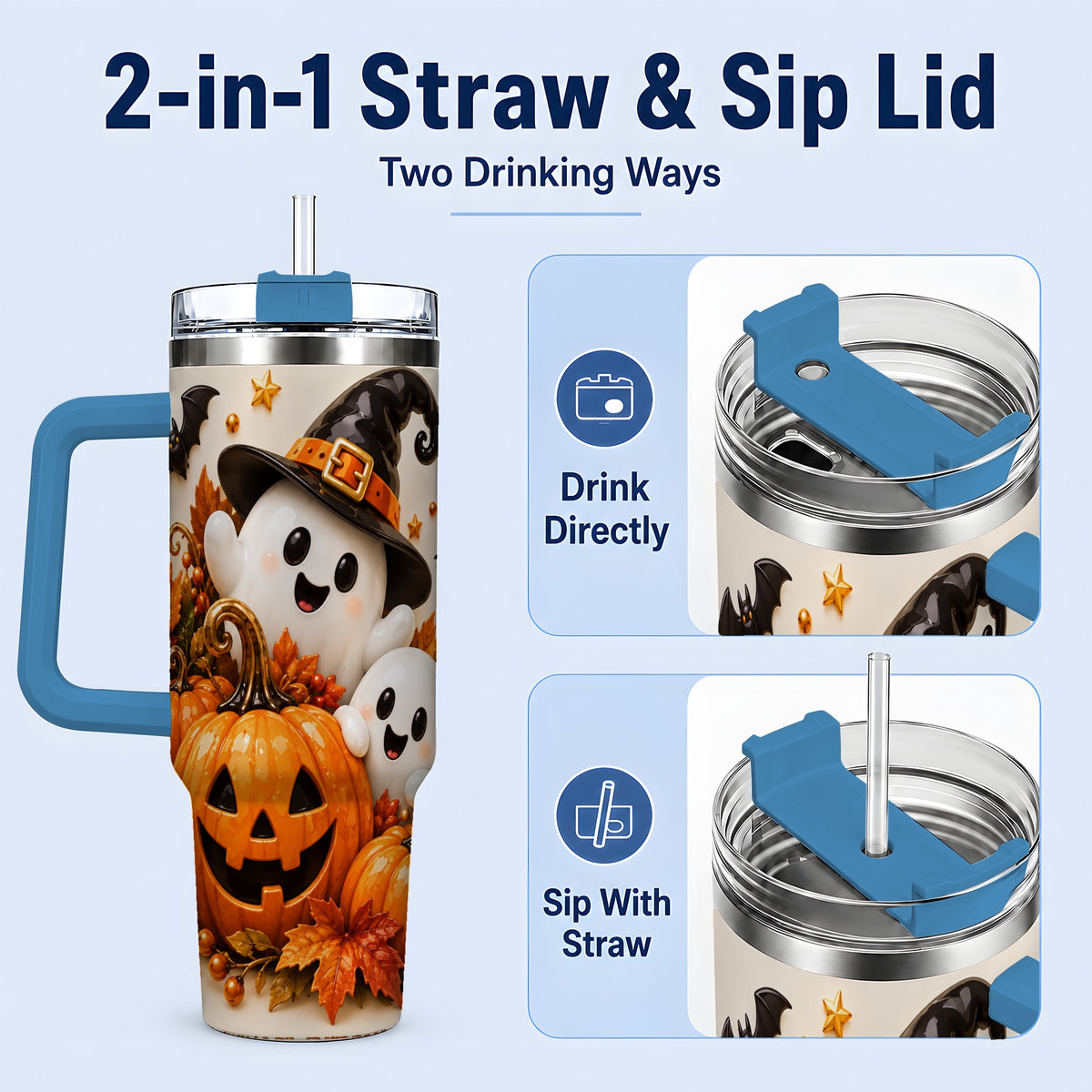 #pl[40oz|Blue] Halloween Ghosts 40oz Tumbler, Pumpkin Witch Hat Autumn Leaf Artwork
