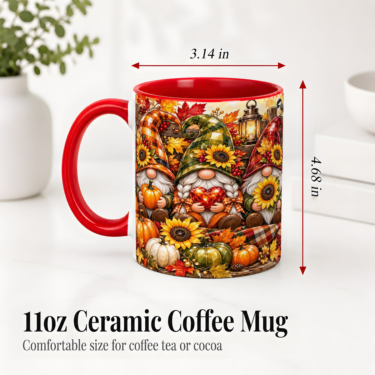 #pl[11oz|Red] Autumn Gnome Ceramic Mug, Pumpkin Sunflower Art for Gnome Lovers