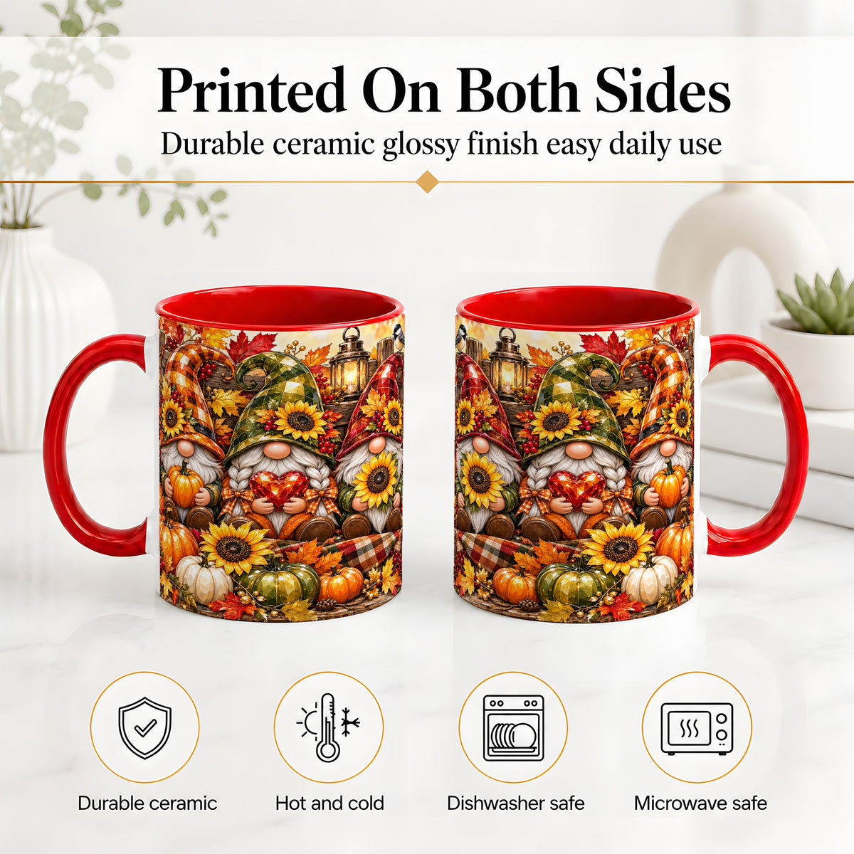 #pl[11oz|Red] Autumn Gnome Ceramic Mug, Pumpkin Sunflower Art for Gnome Lovers