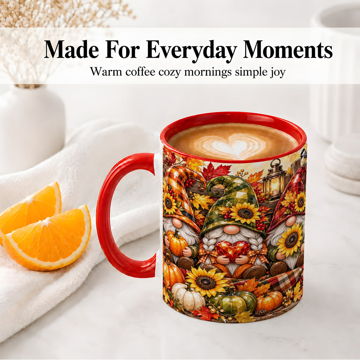 #pl[11oz|Red] Autumn Gnome Ceramic Mug, Pumpkin Sunflower Art for Gnome Lovers