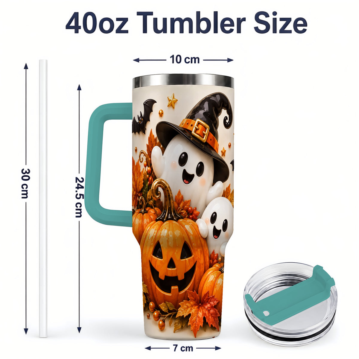 #pl[40oz|Green] Halloween Ghosts 40oz Tumbler, Pumpkin Witch Hat Autumn Leaf Artwork