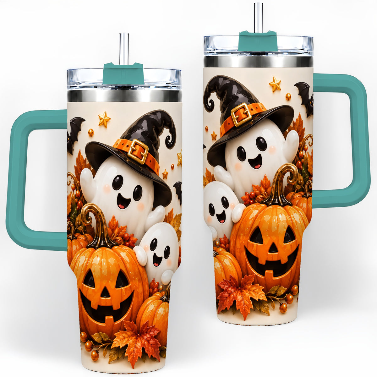 #pl[40oz|Green] Halloween Ghosts 40oz Tumbler, Pumpkin Witch Hat Autumn Leaf Artwork