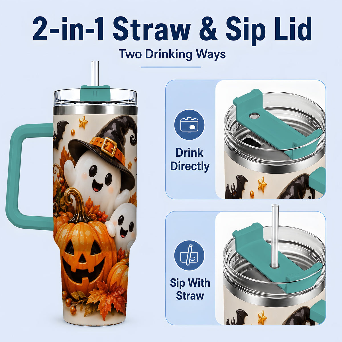 #pl[40oz|Green] Halloween Ghosts 40oz Tumbler, Pumpkin Witch Hat Autumn Leaf Artwork