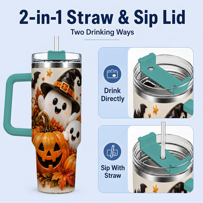 #pl[40oz|Green] Halloween Ghosts 40oz Tumbler, Pumpkin Witch Hat Autumn Leaf Artwork