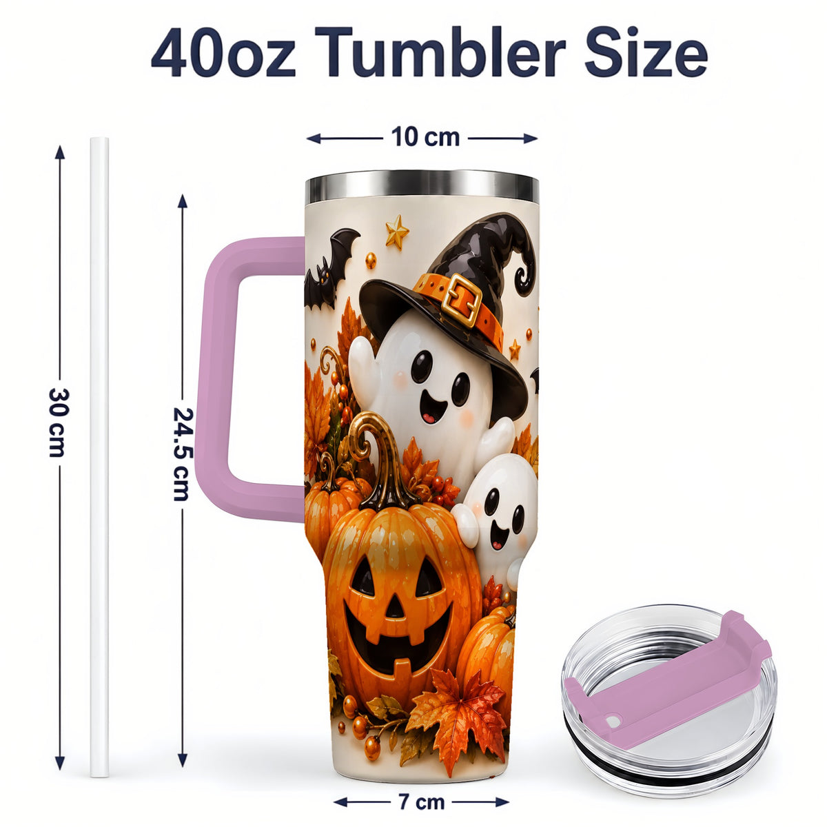#pl[40oz|Pink] Halloween Ghosts 40oz Tumbler, Pumpkin Witch Hat Autumn Leaf Artwork