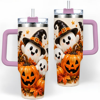 #pl[40oz|Pink] Halloween Ghosts 40oz Tumbler, Pumpkin Witch Hat Autumn Leaf Artwork