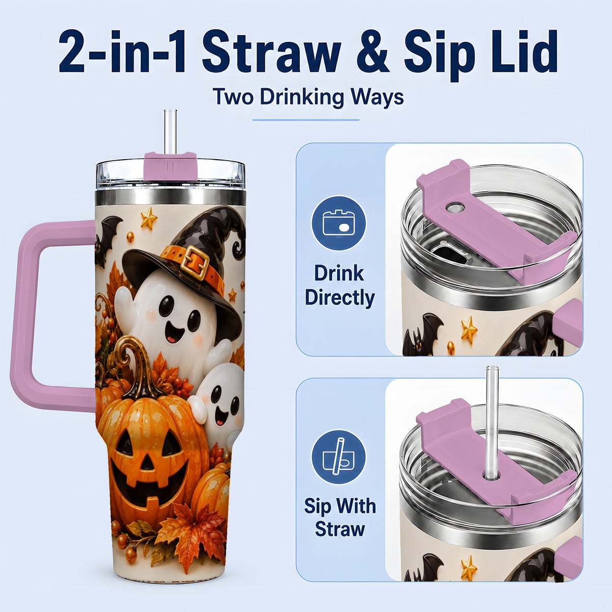 #pl[40oz|Pink] Halloween Ghosts 40oz Tumbler, Pumpkin Witch Hat Autumn Leaf Artwork