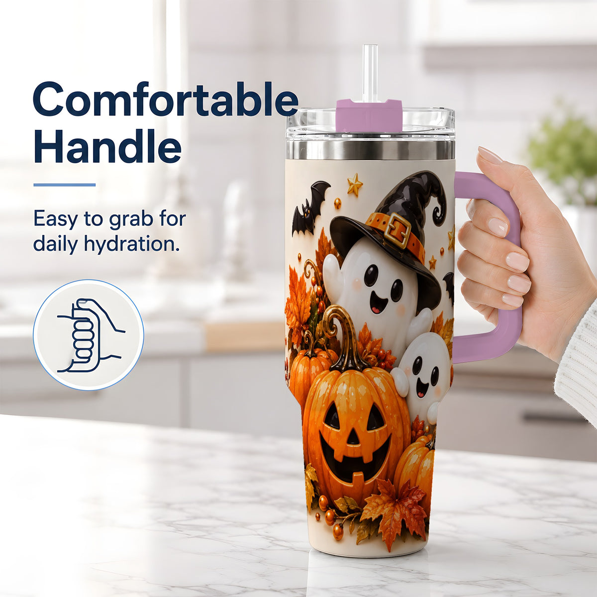 #pl[40oz|Pink] Halloween Ghosts 40oz Tumbler, Pumpkin Witch Hat Autumn Leaf Artwork