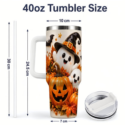 #pl[40oz|White] Halloween Ghosts 40oz Tumbler, Pumpkin Witch Hat Autumn Leaf Artwork