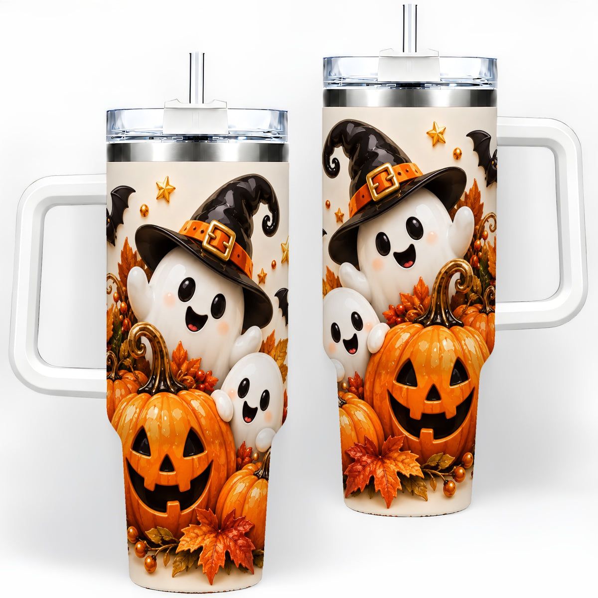 Halloween Ghosts 40oz Tumbler, Pumpkin Witch Hat Autumn Leaf Artwork