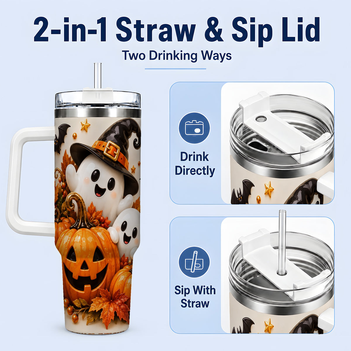 #pl[40oz|White] Halloween Ghosts 40oz Tumbler, Pumpkin Witch Hat Autumn Leaf Artwork