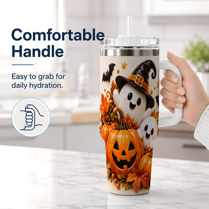 #pl[40oz|White] Halloween Ghosts 40oz Tumbler, Pumpkin Witch Hat Autumn Leaf Artwork