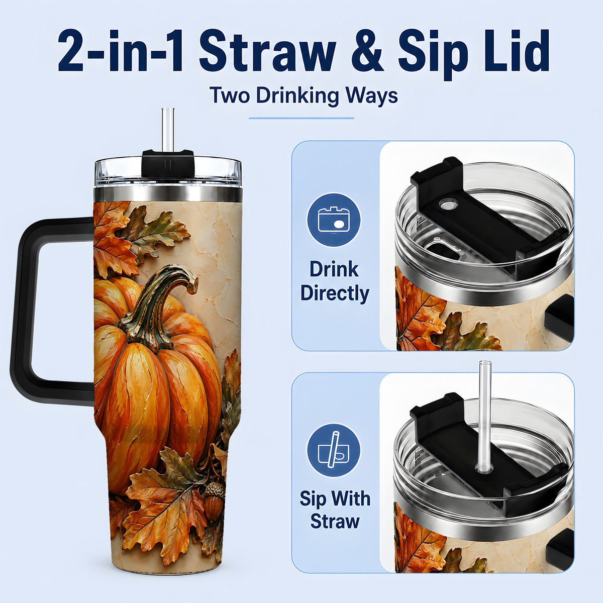 #pl[40oz|Black] Autumn Pumpkin 40oz Tumbler with Oak Leaves and Acorn Artwork