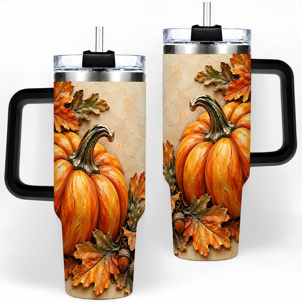 #pl[40oz|Black] Autumn Pumpkin 40oz Tumbler with Oak Leaves and Acorn Artwork