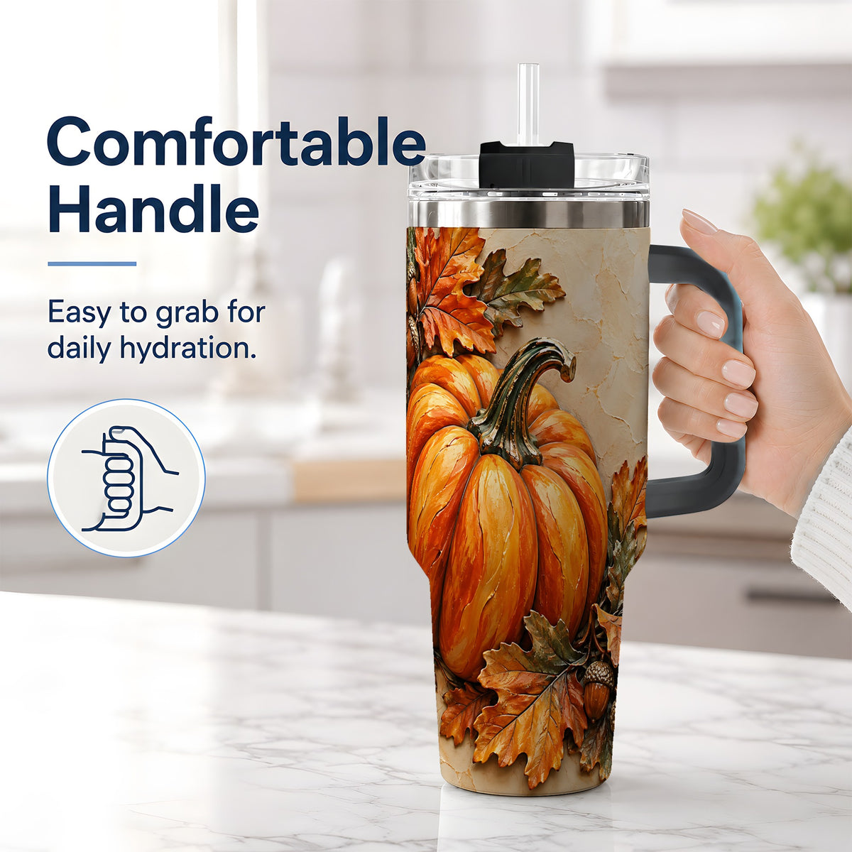 #pl[40oz|Black] Autumn Pumpkin 40oz Tumbler with Oak Leaves and Acorn Artwork