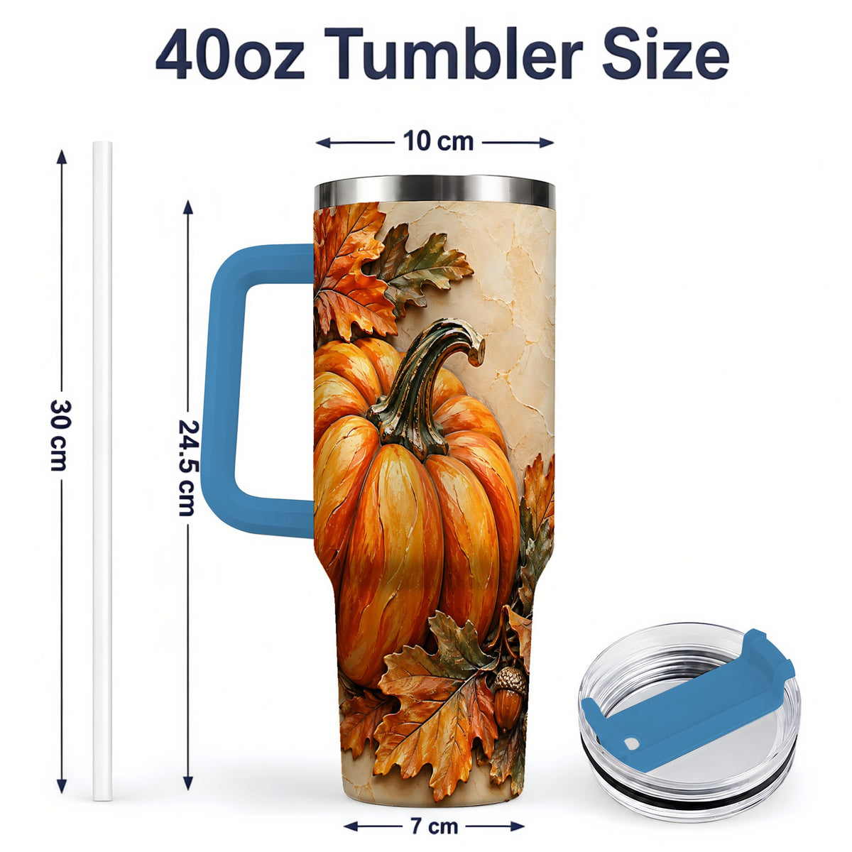 #pl[40oz|Blue] Autumn Pumpkin 40oz Tumbler with Oak Leaves and Acorn Artwork