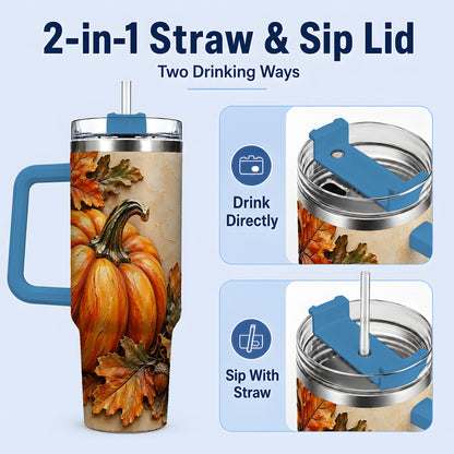 #pl[40oz|Blue] Autumn Pumpkin 40oz Tumbler with Oak Leaves and Acorn Artwork