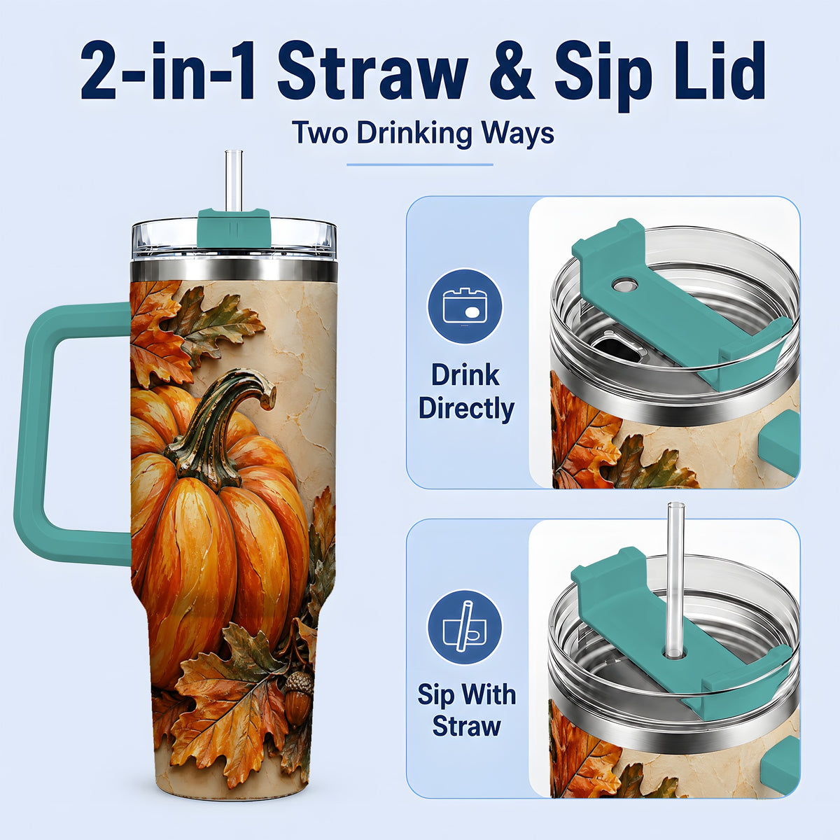 #pl[40oz|Green] Autumn Pumpkin 40oz Tumbler with Oak Leaves and Acorn Artwork