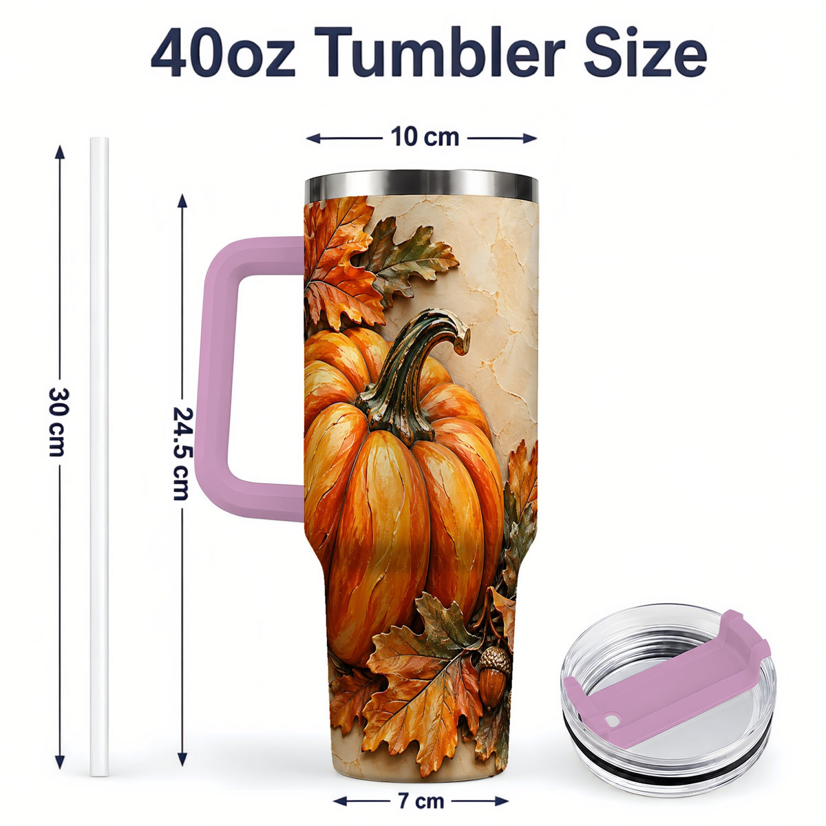 #pl[40oz|Pink] Autumn Pumpkin 40oz Tumbler with Oak Leaves and Acorn Artwork