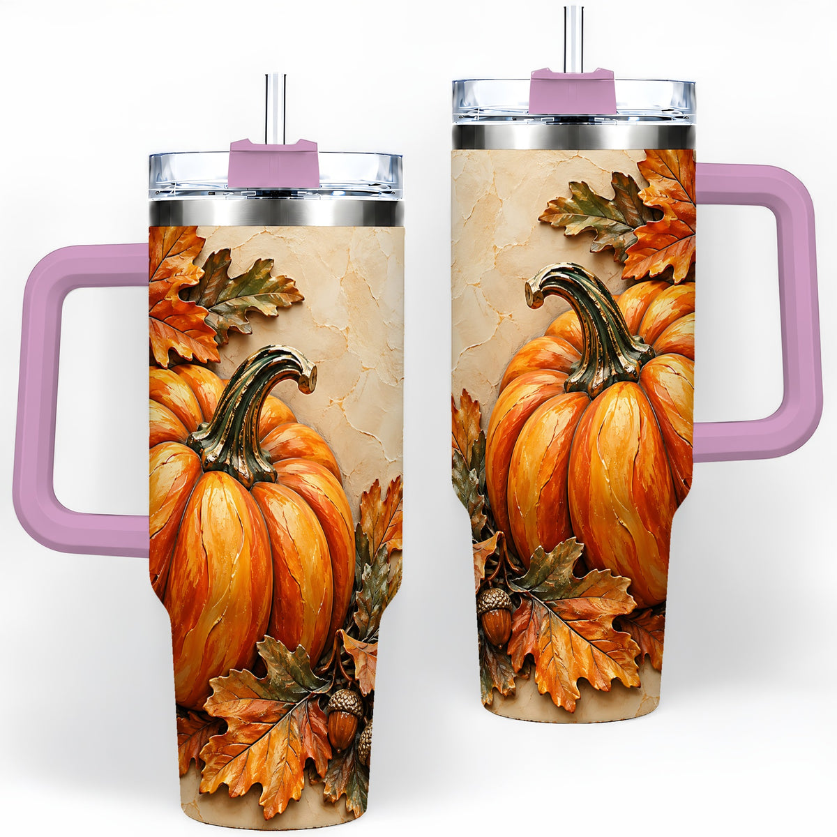 #pl[40oz|Pink] Autumn Pumpkin 40oz Tumbler with Oak Leaves and Acorn Artwork