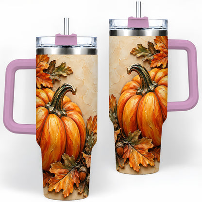 #pl[40oz|Pink] Autumn Pumpkin 40oz Tumbler with Oak Leaves and Acorn Artwork